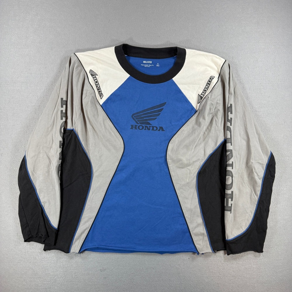 Hollister Honda Graphic T-Shirt Mens XL Blue Long Sleeve Boxy Fit Motor Racing